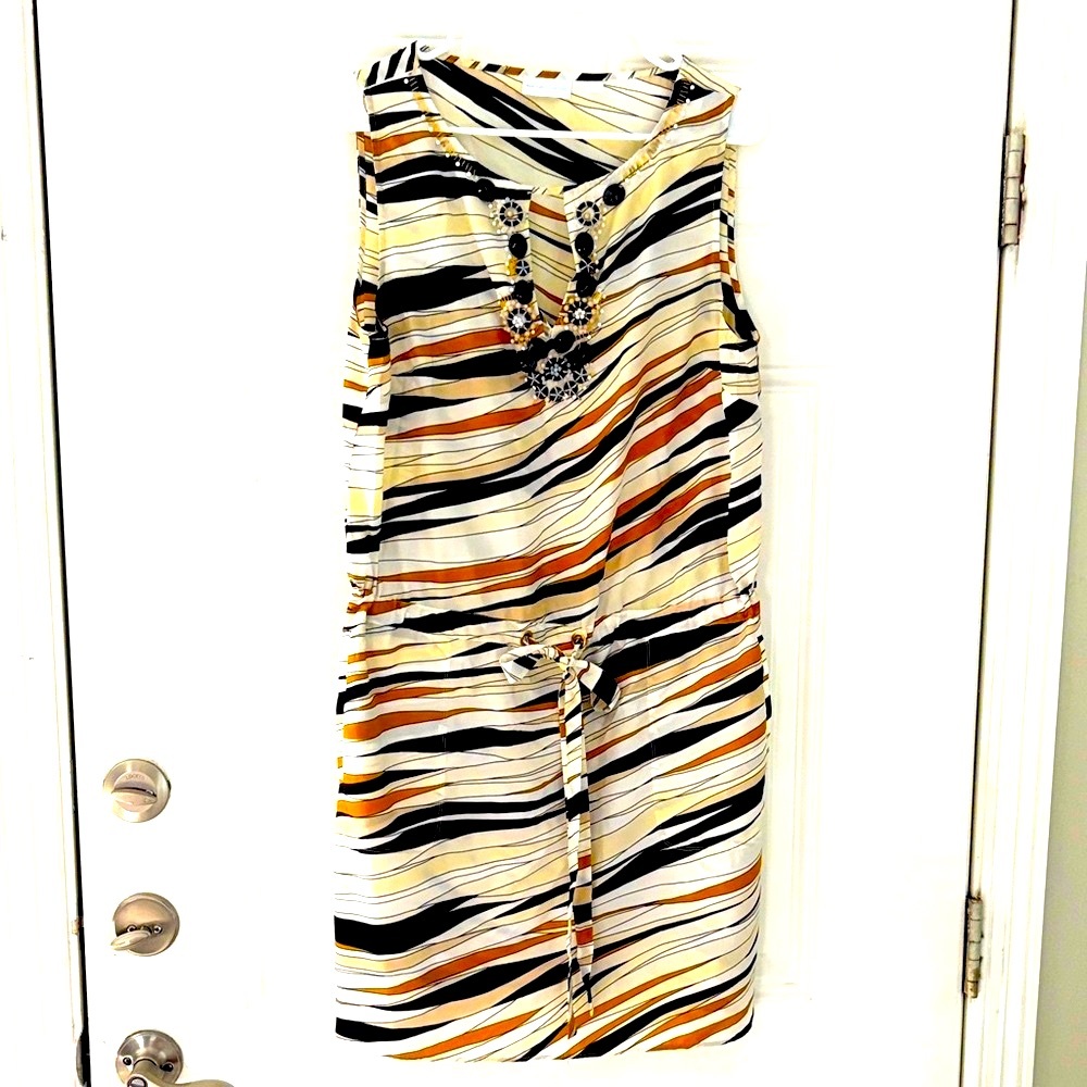 New York & Company Sleeveless Striped Tie-Waist Dress in Black, White & Mustard